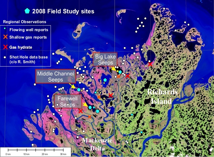 Map of 2008 field study sites in Farewell Seeps, Middle Channnel Seeps, and Big Lake Seeps.